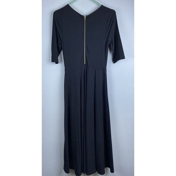 Lulus Black Sz Sm Ponte Knit Fit N Flare 3/4 Slv Expsd Gold Zipper Pockets Midi - Picture 3 of 11